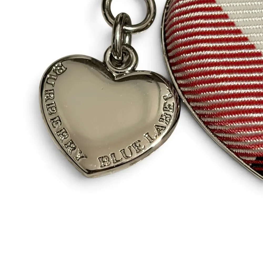 Burberry Blue Label Nova Check Heart Bag Charm Keychain Silver Tone Fob
